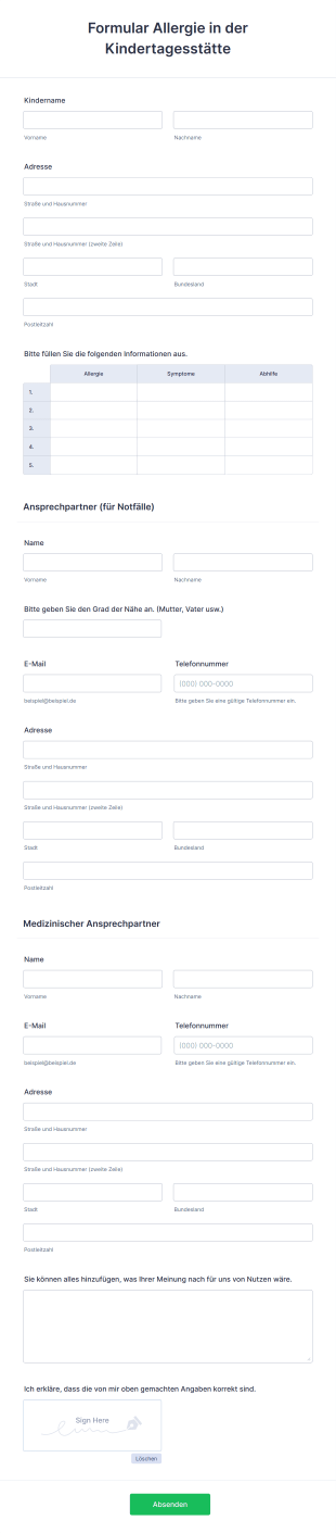 Formular Allergie In Der Kindertagesstätte Form Template