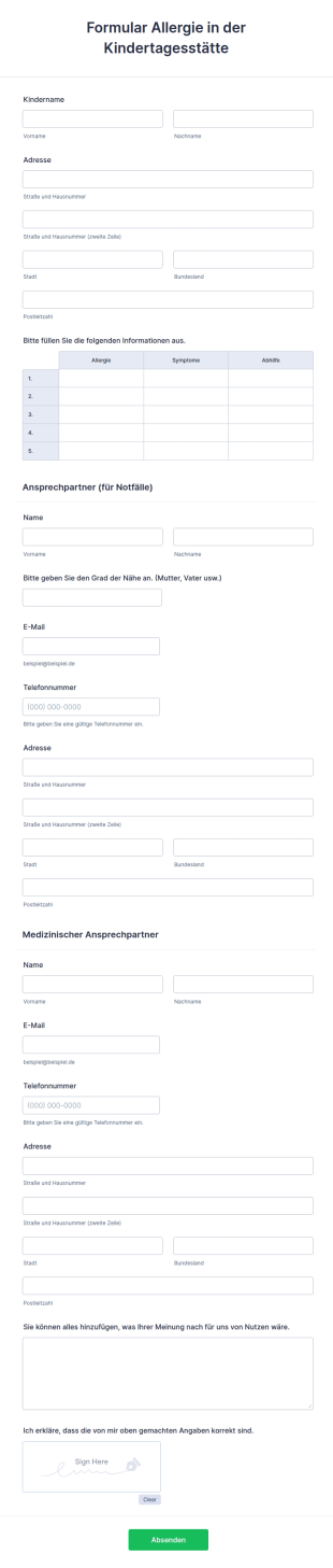 Formular Allergie In Der Kindertagesstätte