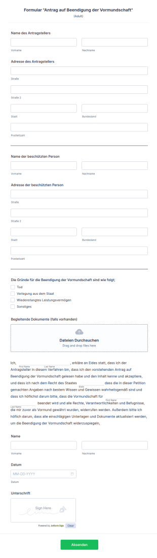 Formular "Antrag Auf Beendigung Der Vormundschaft"