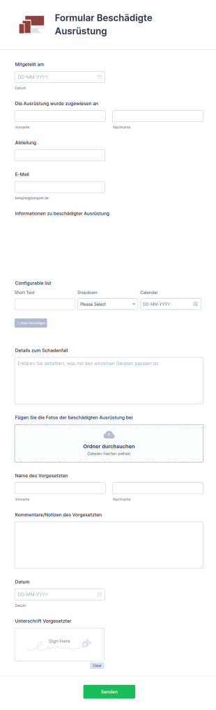 Formular Beschädigte Ausrüstung