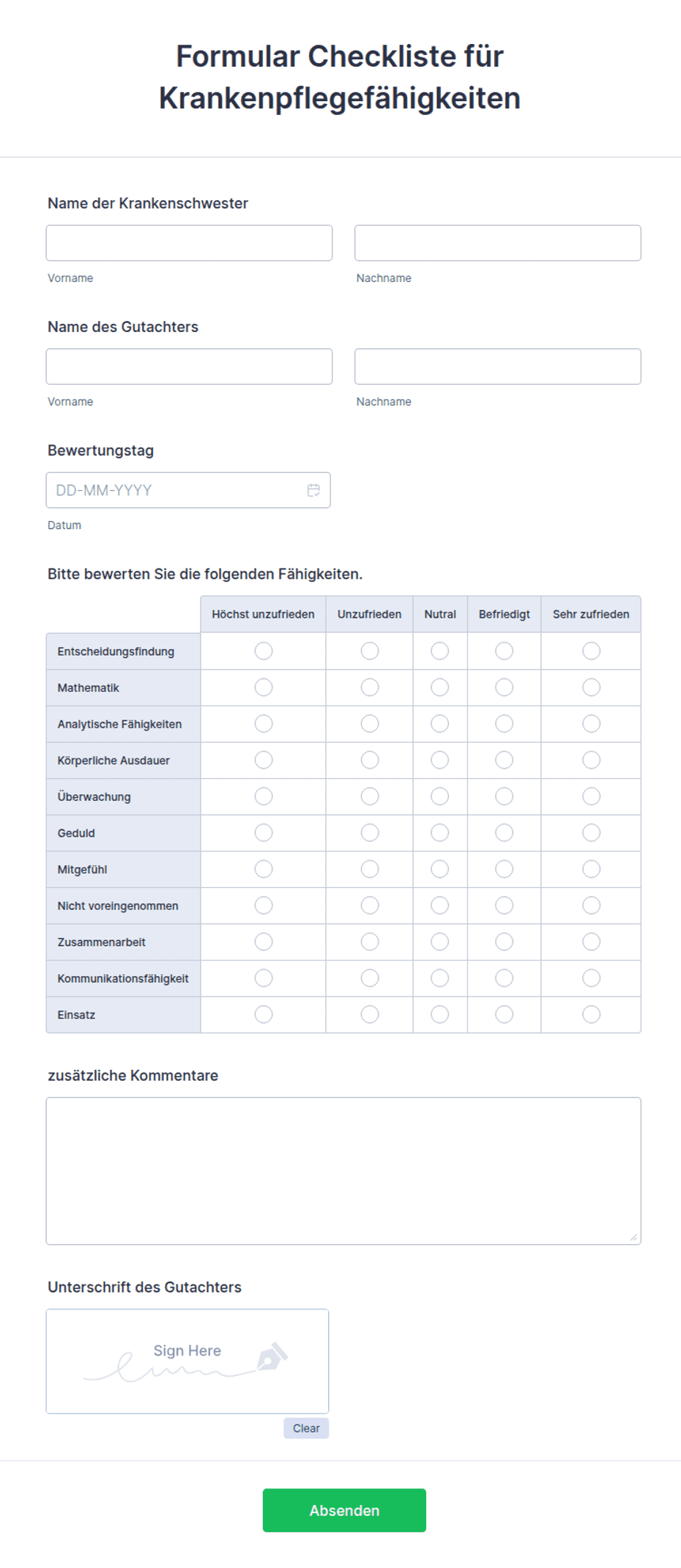 Formular Checklist Formular Checkliste für Krankenpflegefähigkeiten | Jotform