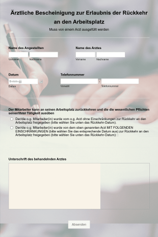 Formular Einer ärztliche Bescheinigung Zur Erlaubnis Der Rückkehr An Den Arbeitsplatz Form Template