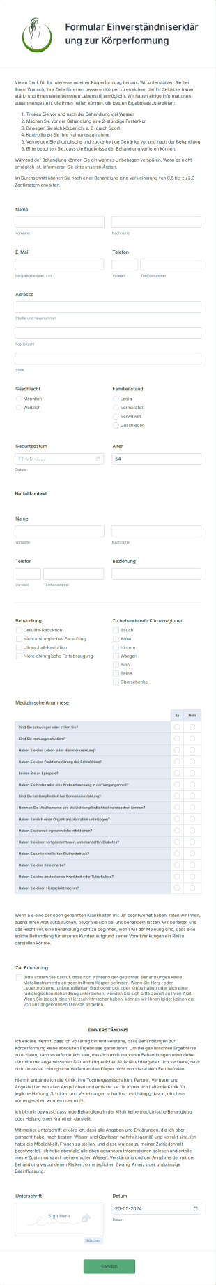 Formular Einverständniserklärung Zur Körperformung