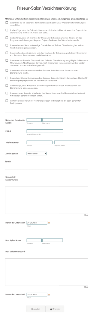 Formular Friseur Salon Verzichtserklärung Form Template