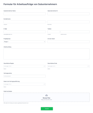 Formular Für Arbeitsaufträge Von Subunternehmern Form Template