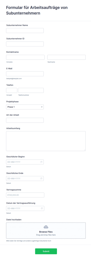 Formular Für Arbeitsaufträge Von Subunternehmern