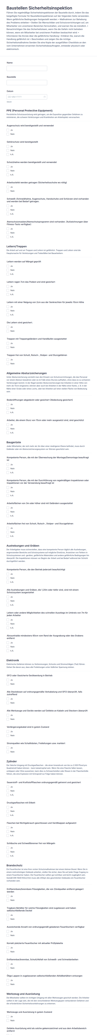 Formular Für Baustellen Sicherheitsinspektion