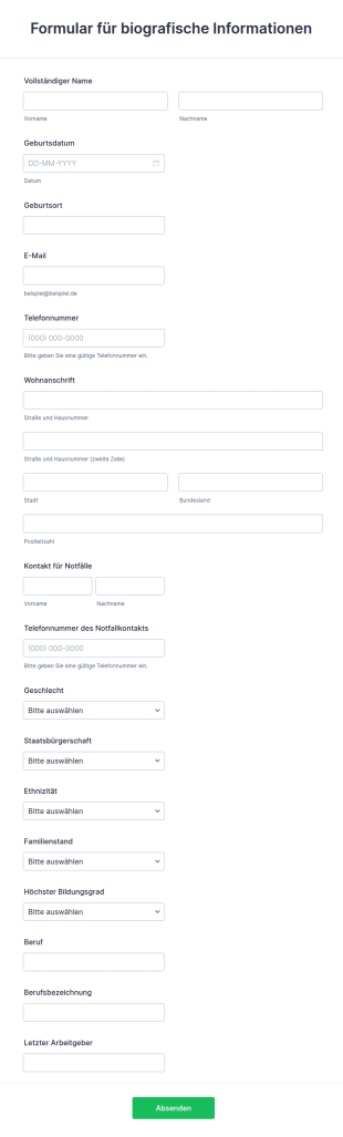 Formular Für Biografische Informationen