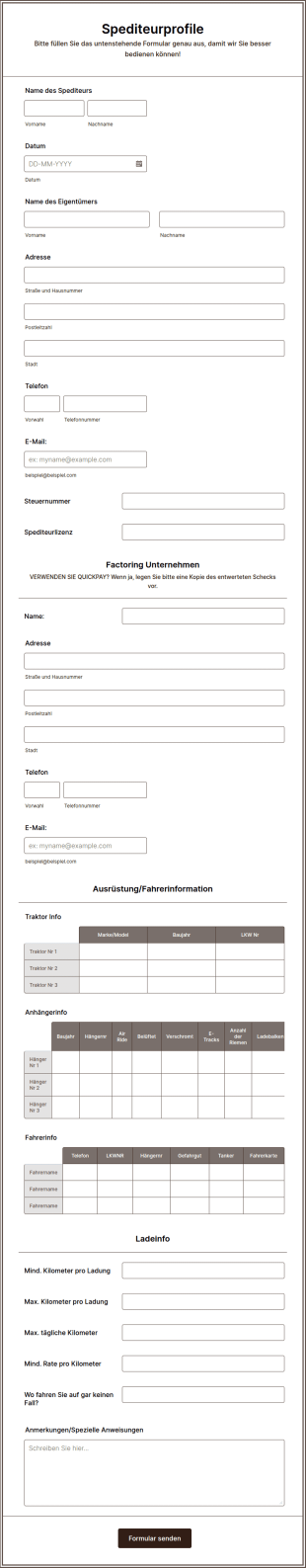 Formular Für Das Profil Eines Spediteurs
