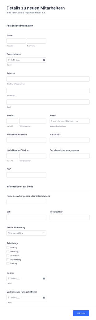 Formular Für Daten Neuer Mitarbeiter Form Template