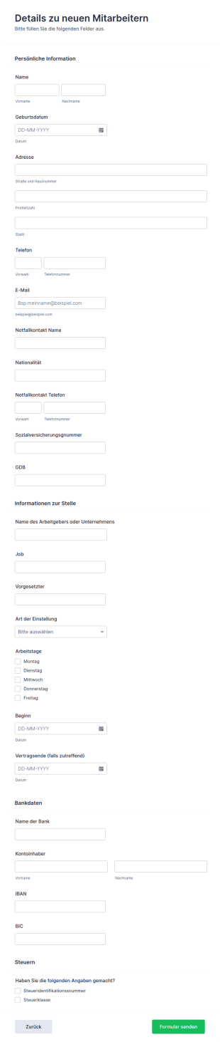Formular Für Daten Neuer Mitarbeiter