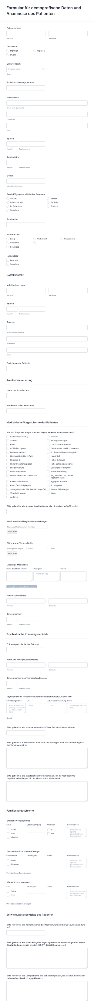 Formular Für Demografische Daten Und Anamnese Des Patienten