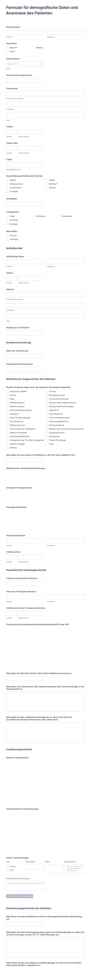 Formular Für Demografische Daten Und Anamnese Des Patienten