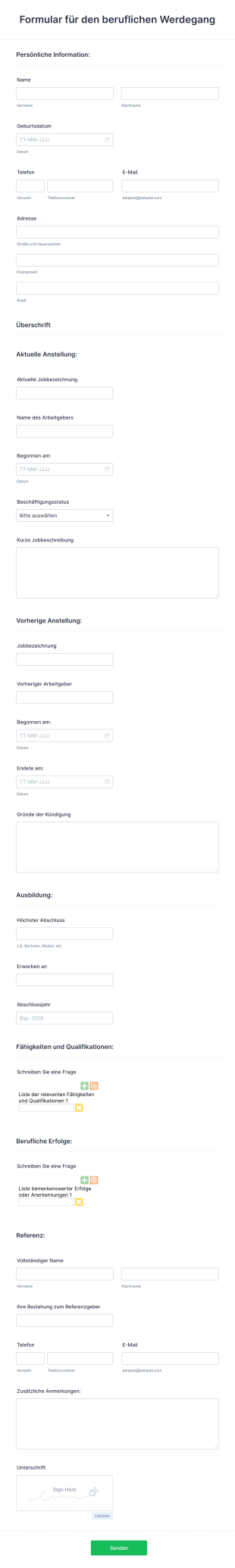 Formular Für Den Beruflichen Werdegang Form Template