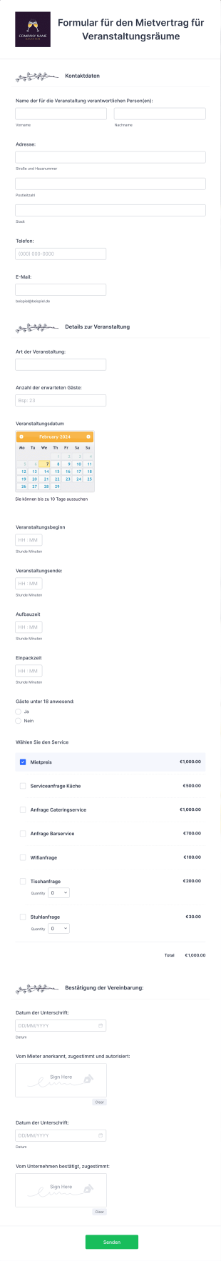 Formular Für Den Mietvertrag Für Veranstaltungsräume Form Template
