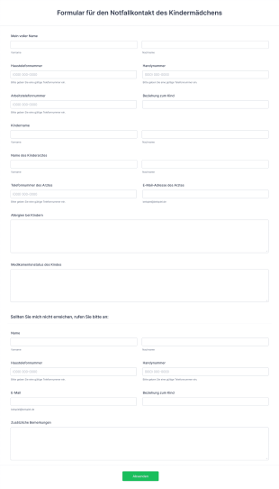 Formular Für Den Notfallkontakt Des Kindermädchens Form Template
