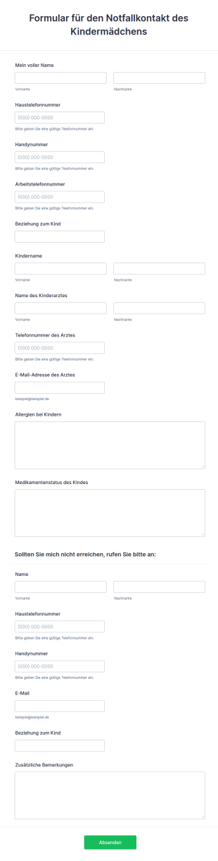 Formular Für Den Notfallkontakt Des Kindermädchens