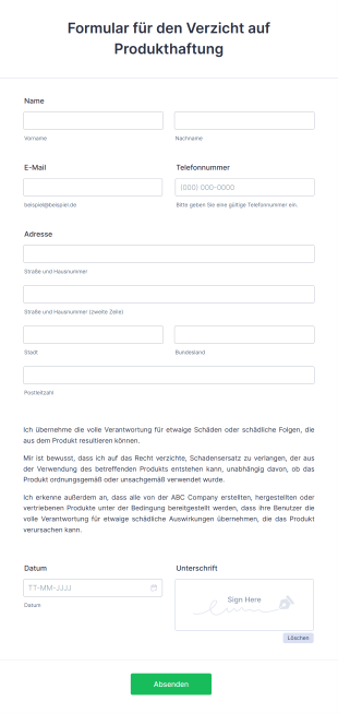 Formular Für Den Verzicht Auf Produkthaftung
