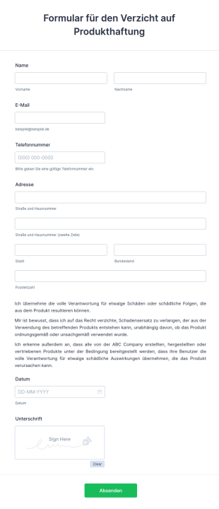 Formular Für Den Verzicht Auf Produkthaftung