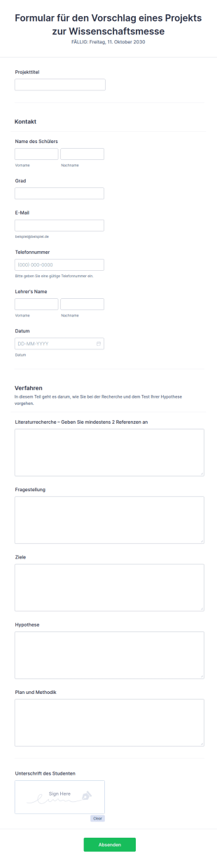 Formular Für Den Vorschlag Eines Projekts Zur Wissenschaftsmesse