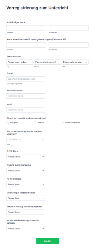 Formular Für Die Anmeldung Zum Unterricht
