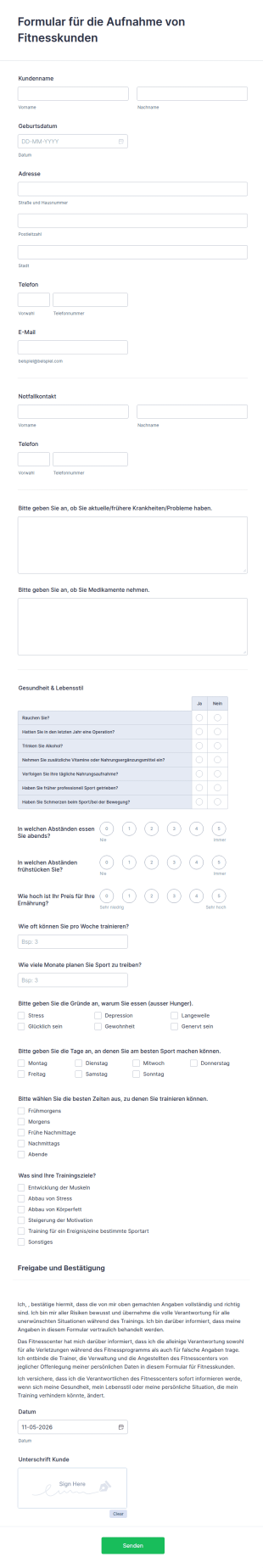 Formular Für Die Aufnahme Von Fitnesskunden