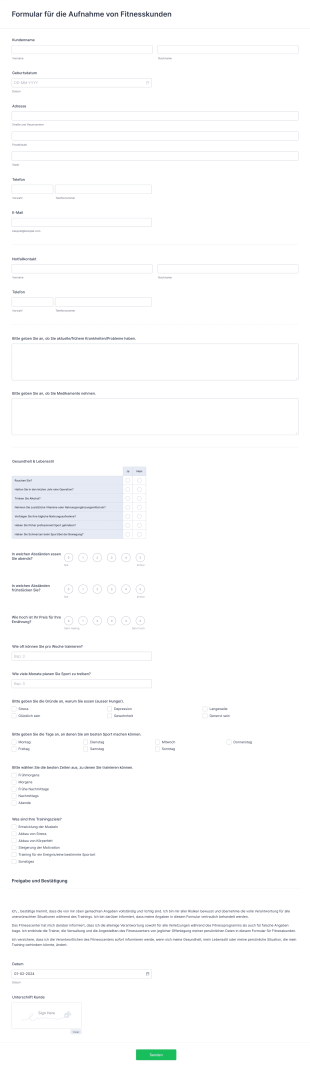 Formular Für Die Aufnahme Von Fitnesskunden Form Template