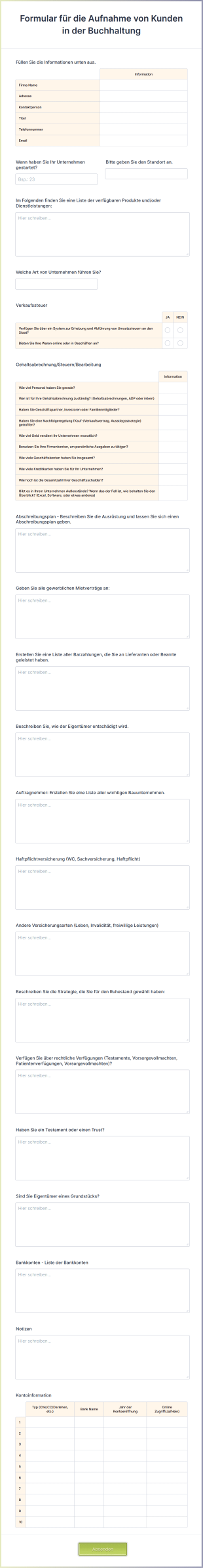 Formular Für Die Aufnahme Von Kunden In Der Buchhaltung