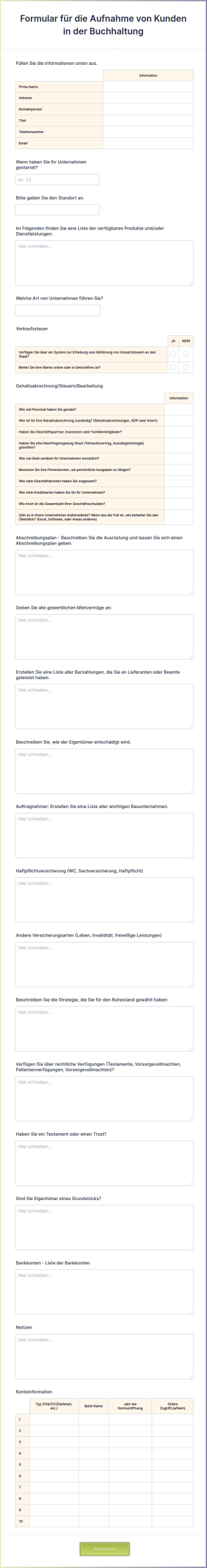 Formular Für Die Aufnahme Von Kunden In Der Buchhaltung