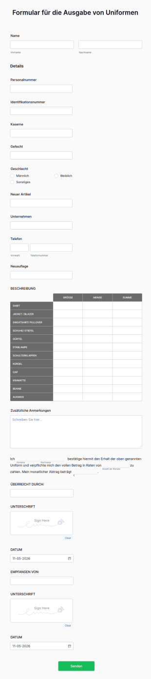Formular Für Die Ausgabe Von Uniformen