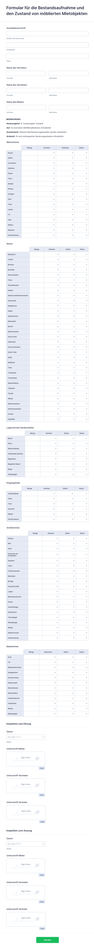 Formular Für Die Bestandsaufnahme Und Den Zustand Von Möblierten Mietobjekten