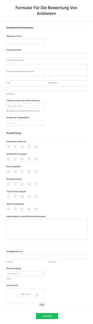 Formular Für Die Bewertung Von Anbietern