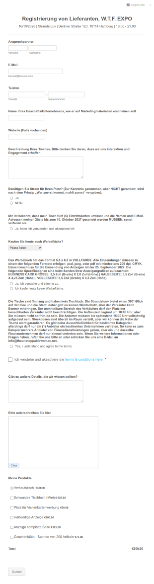 Formular Für Die Einrichtung Eines Neuen Verkäufers