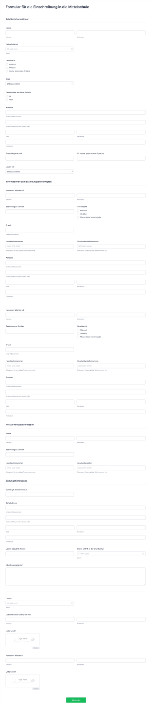 Formular Für Die Einschreibung In Die MittelschuleFormular Form Template