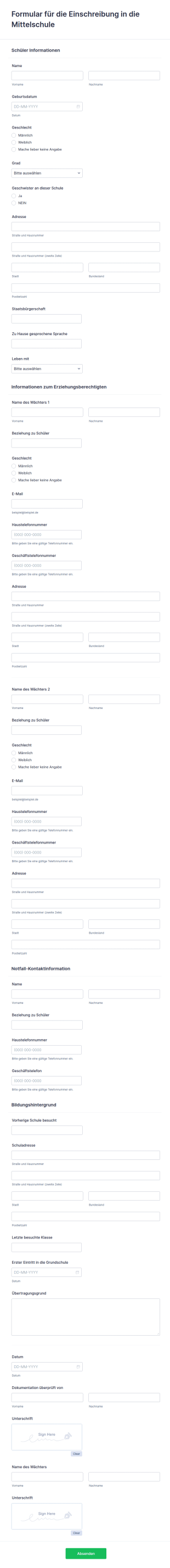 Formular Für Die Einschreibung In Die MittelschuleFormular