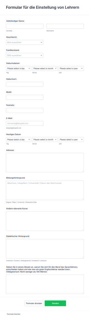 Formular Für Die Einstellung Von Lehrern