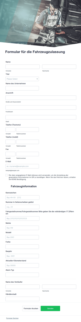 Formular Für Die Fahrzeugzulassung