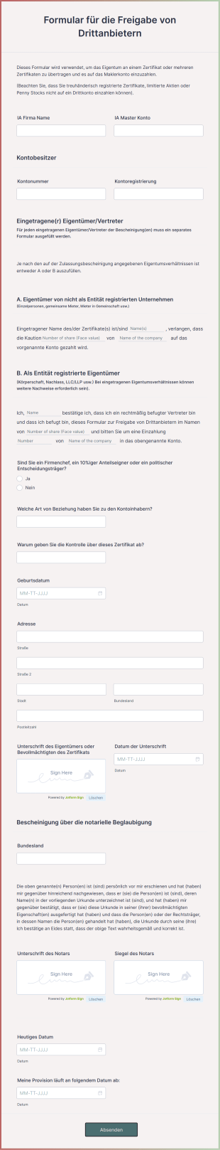 Formular Für Die Freigabe Von Drittanbietern