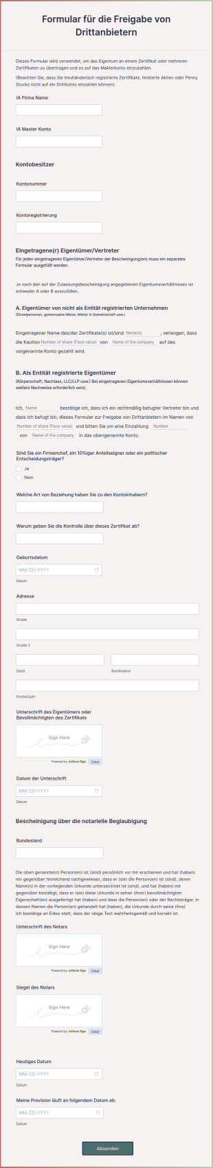 Formular Für Die Freigabe Von Drittanbietern