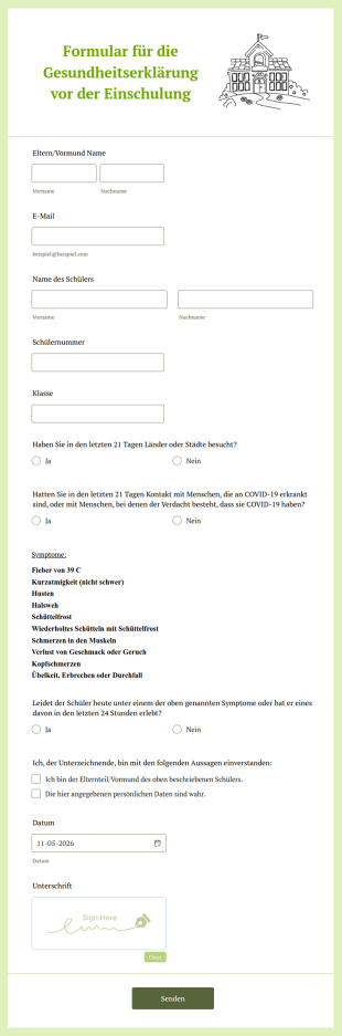 Formular Für Die Gesundheitserklärung Vor Der Einschulung