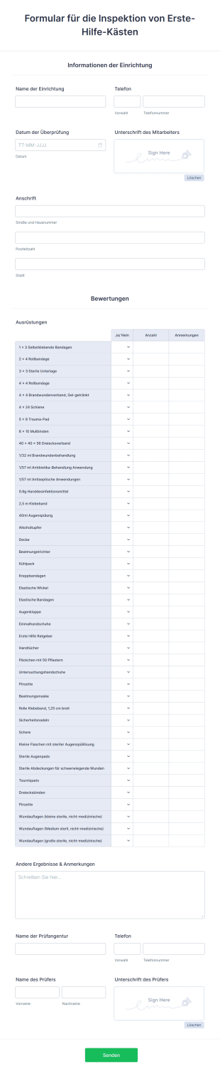 Formular Für Die Inspektion Von Erste Hilfe Kästen Form Template