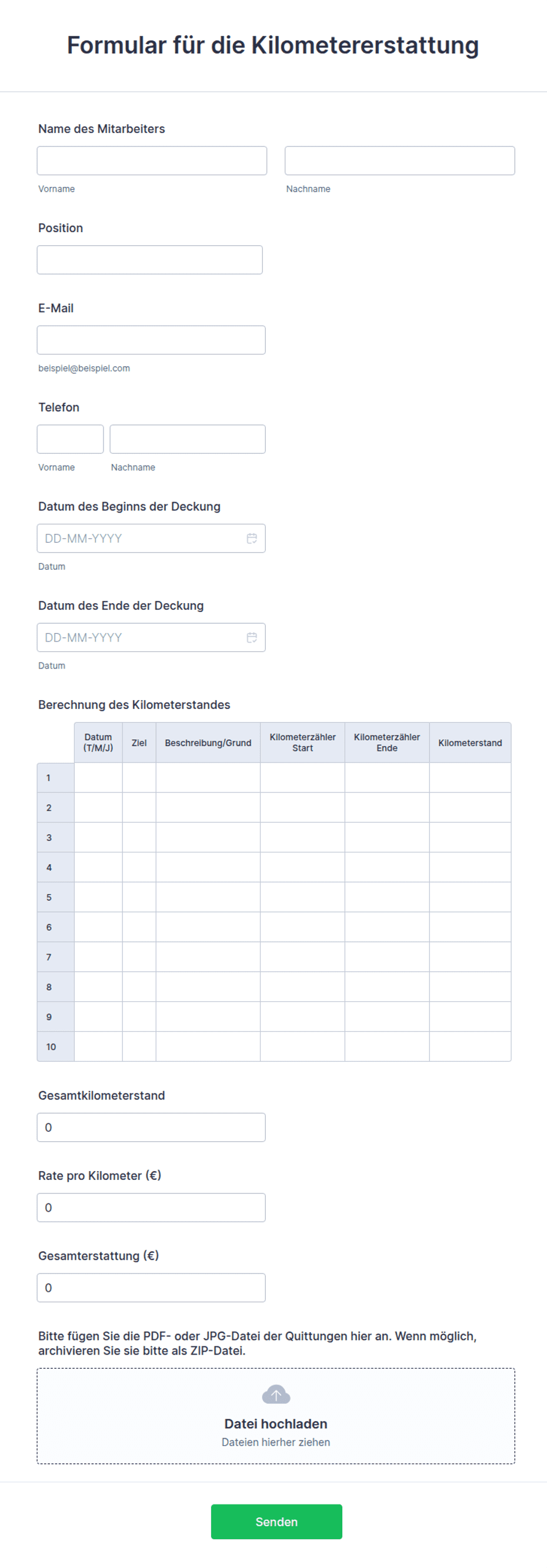 Formular für die Kilometererstattung | Jotform