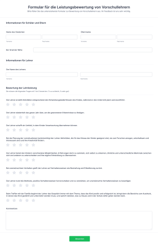 Formular Für Die Leistungsbewertung Von Vorschullehrern Form Template