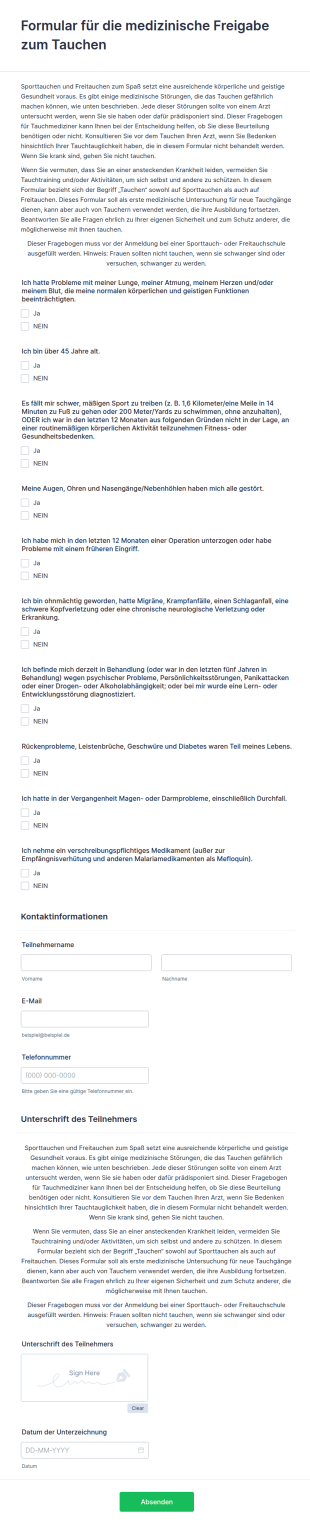 Formular Für Die Medizinische Freigabe Zum Tauchen