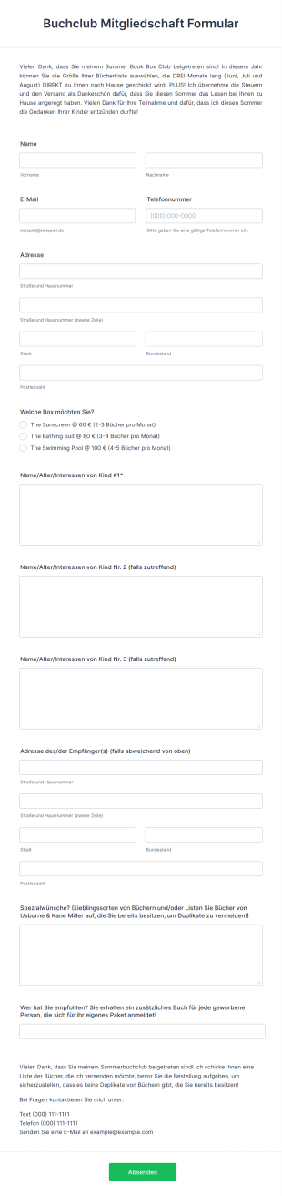 Buchclub Mitgliedschaft Formular Form Template