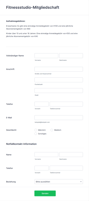 Formular Für Die Mitgliedschaft In Einem Fitnessstudio Form Template