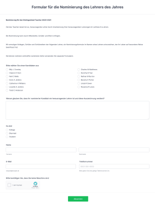 Formular Für Die Nominierung Des Lehrers Des Jahres Form Template