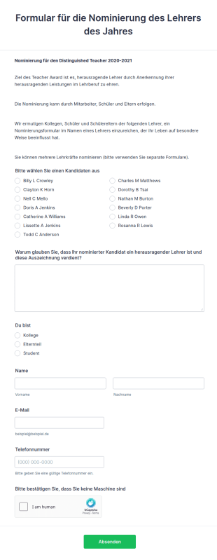 Formular Für Die Nominierung Des Lehrers Des Jahres