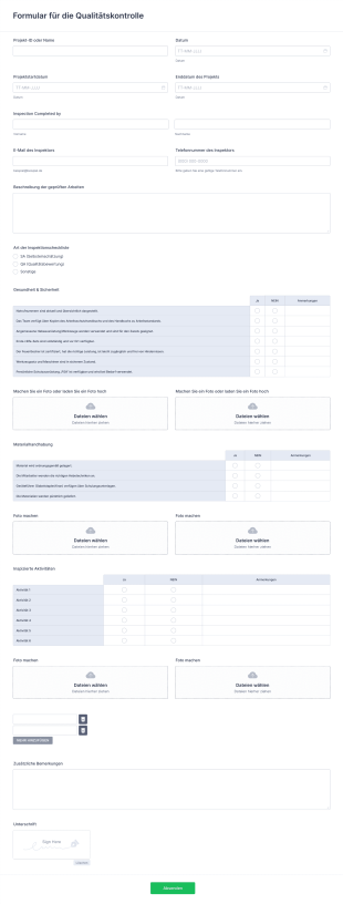 Formular Für Die Qualitätskontrolle Form Template