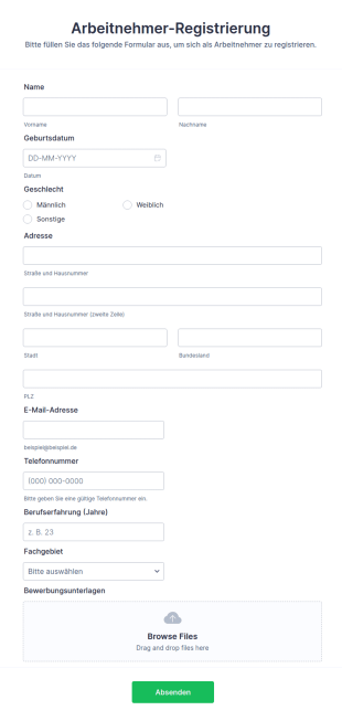 Formular Für Die Registrierung Von Arbeitnehmern